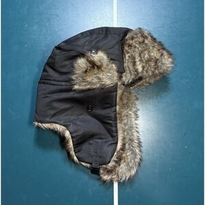 Vintage‎ Black Faux Fur Trapper Hat One Size Quilt Lined Hunting Cap Fur Winter